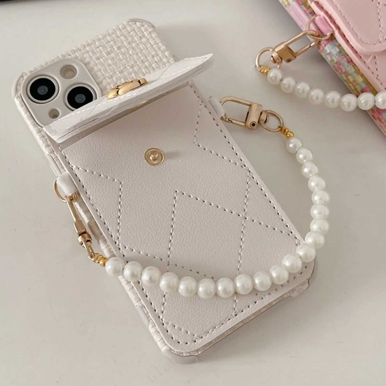 Fashion Camellia Flower Card Wallet Holder Pearl Chain Strap Weave Leather Case Cover For iPhone 15 14 13 12 11 Pro Max XS XR J251202