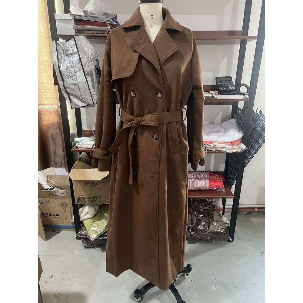 In Stock--2024 European and American Amazon Cross-Border New Women's Autumn Winter with Turn-Down Collar, Double-Breasted, Extended Length Trench