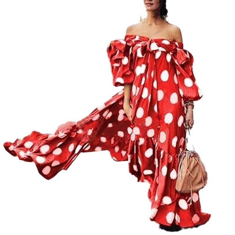 2025 Womens Dress with Off Shoulder Polka Dot Casual Bohemian Long Dress
