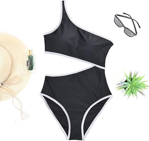 2025 new one-piece women's solid color single shoulder hollow sexy contrasting swimsuit