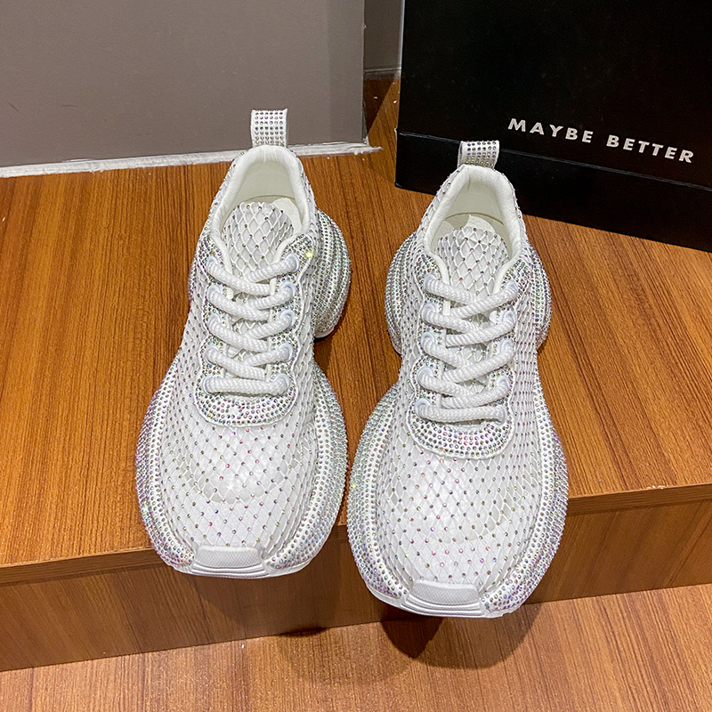 Luxury Women's Sports Shoes Spring Mesh Diamond Crystal Designer Shoes Lace up Casual Outdoor Running Shoes Platform Sneakers