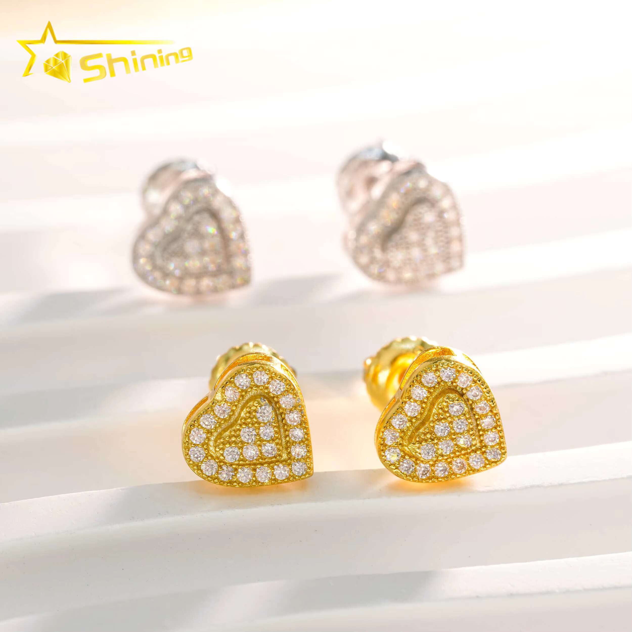 Bulk Stock Iced Out Man Earrings Heart Shape Moissanite Dia Screw Back Setting Hip Hop Stud Earring