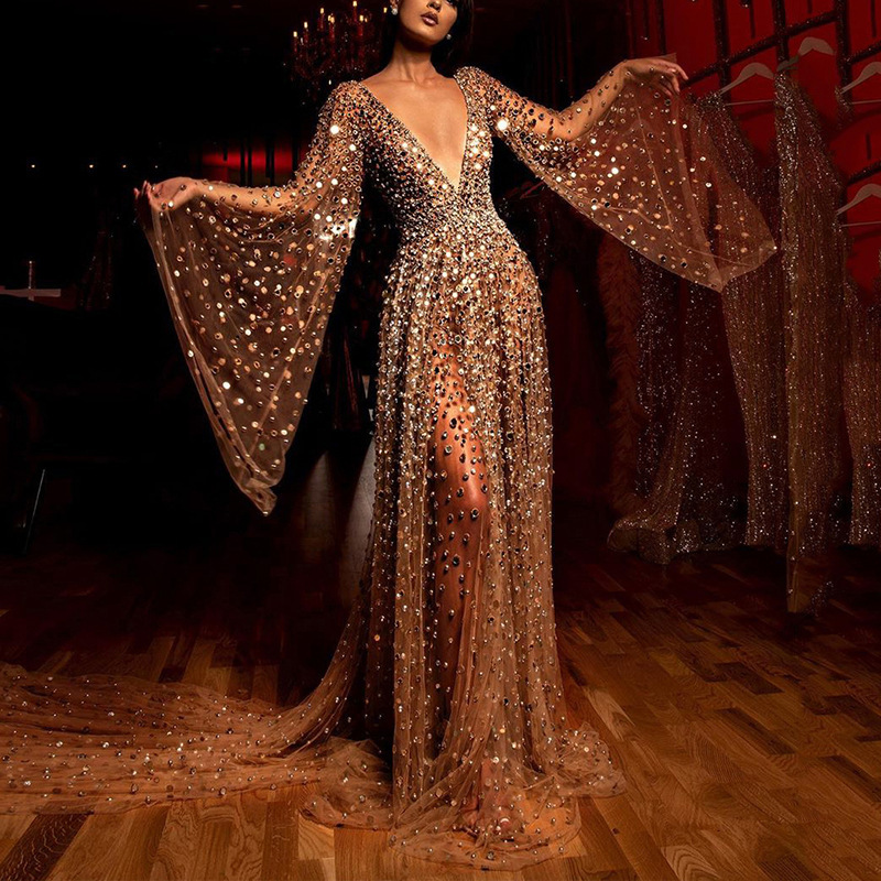 2025 Spring/summer New Womens Dress Long Sleeve Deep v Long Dress Perspective Gold Splashing Dress