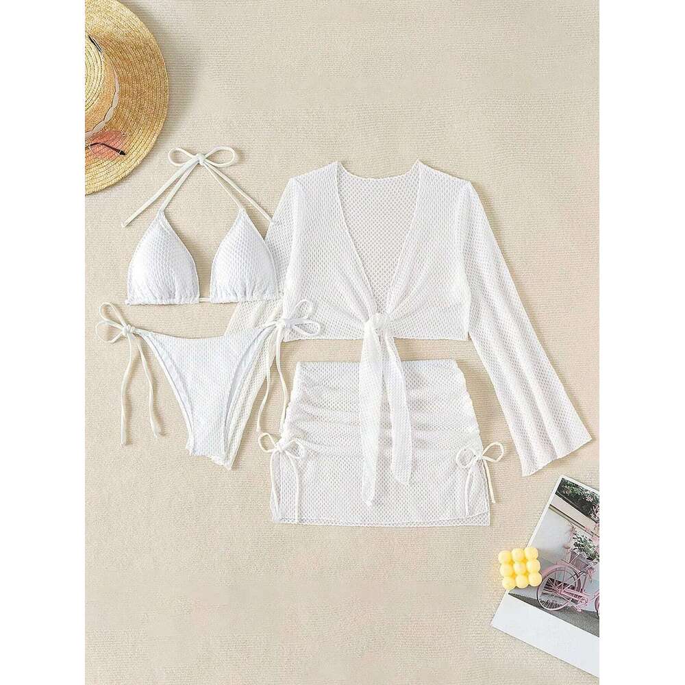 Sexy White 4 Piece Bikinis Sets Women Long Sleeve Cover with Skirt Swimsuit 2025 Beach Push Up Bathing Suit Holiday Swimwear