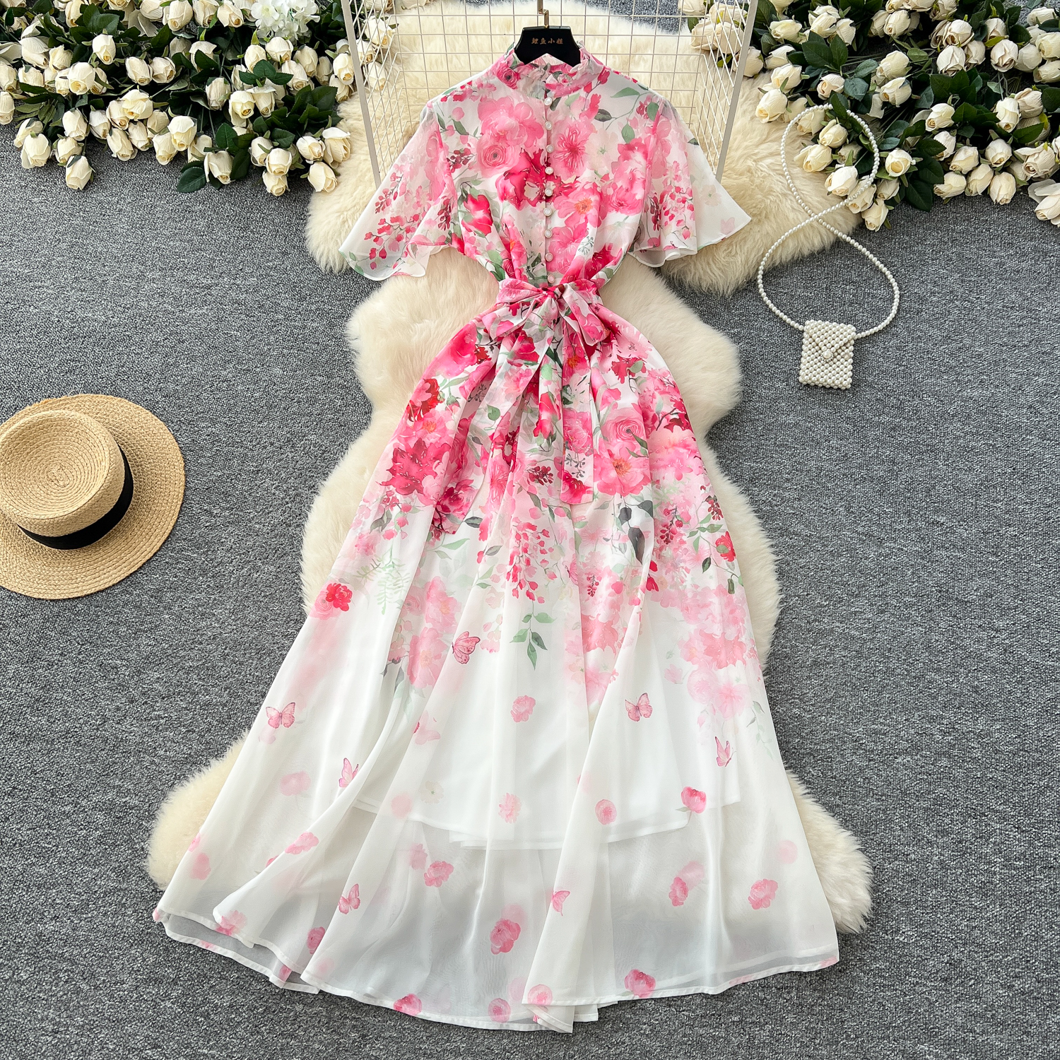 Basic Casual Dresses Summer Ruffles Chiffon Holiday Chiffon Dress Women's Stand Batwing Sleeve Gorgeous Floral Print Lace Up Belt Long Party Vest