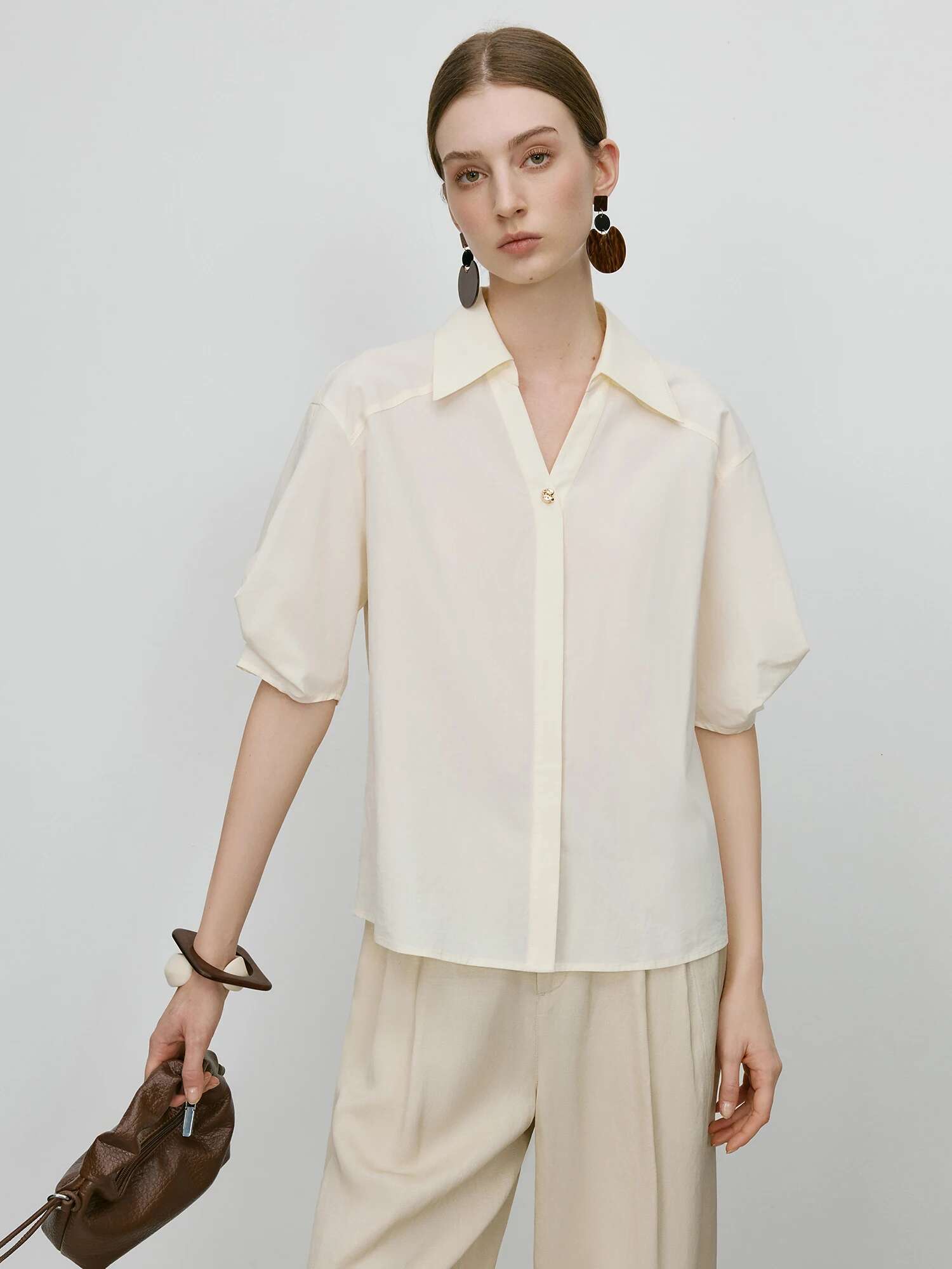 FSLEPremium Series French-Inspired Cotton Blouse Women Single Button unce Sleeve Shirt SS25 Office-to-tail Chic Tops