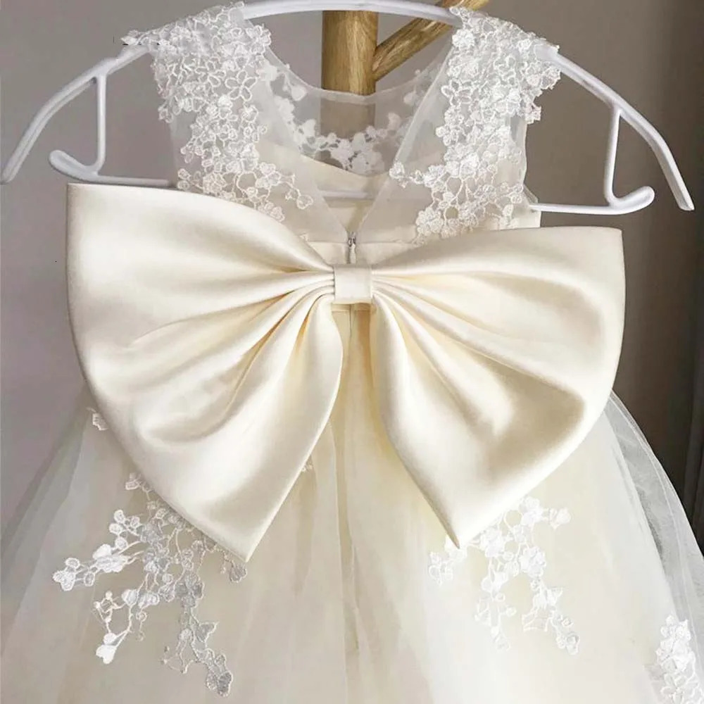 Tulle Peng Songhua Girl Dress Ivory Lace Satin Bow Sleeveless Childrens Birthday Ball Dress Princess First Communion Dress 250402