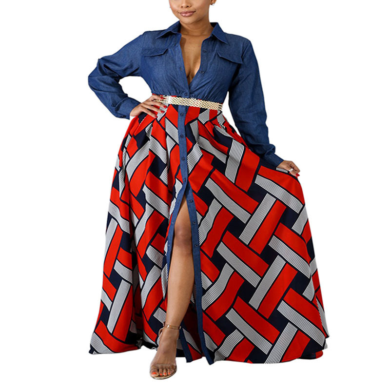 2025 New Womens Dress Denim Woven Striped Printed Large Swing Long Skirt