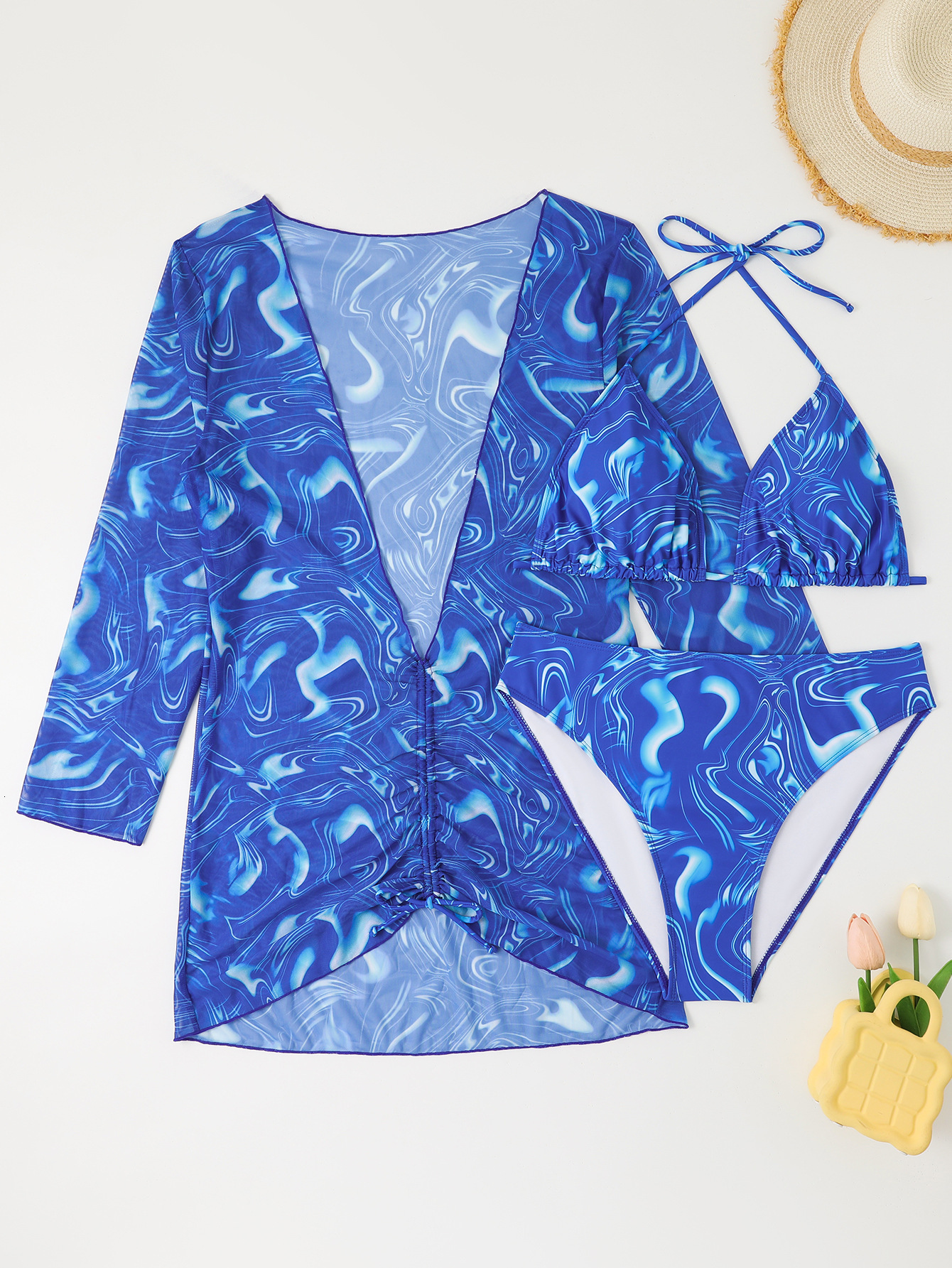 Large size multi-color printed long sleeved mesh hood shirt sexy bikini fat woman three piece vacation women's swimsuit