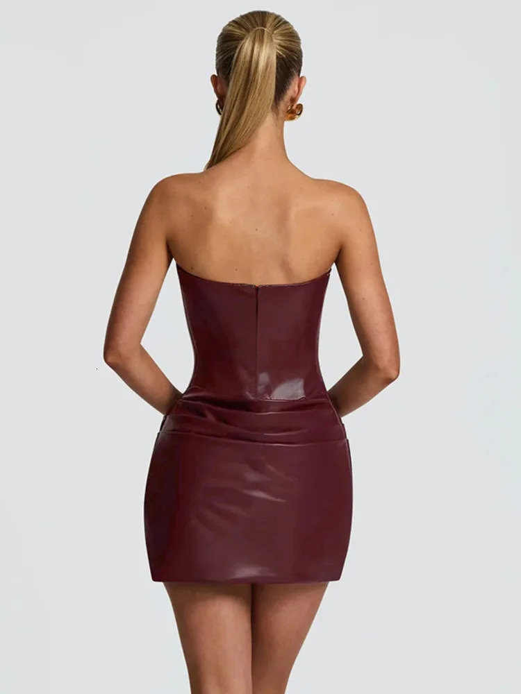 Mozision PU Leather Off-Shoulder Strapless Mini Dress - Sleeveless Ruched Backless Club Party Gown for Women C260312