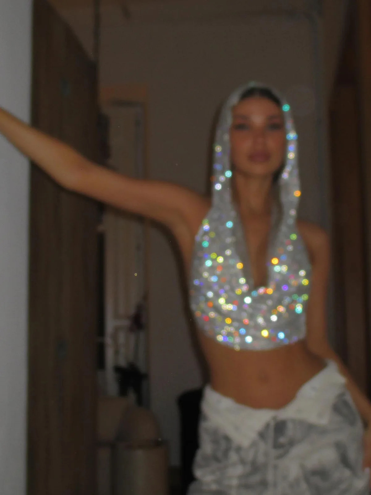 Womens sexy mesh see through shirt shiny rhinestone fish net hollow crop top sleeveless beach cover party club vest 250403