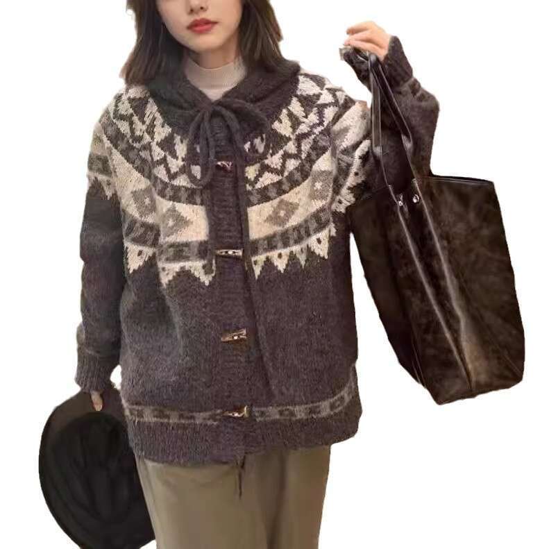 Artistic Retro Hooded Jacquard Coat with Unique Design, Niche Lazy Style Horn Button Knitted Cardigan Sweater