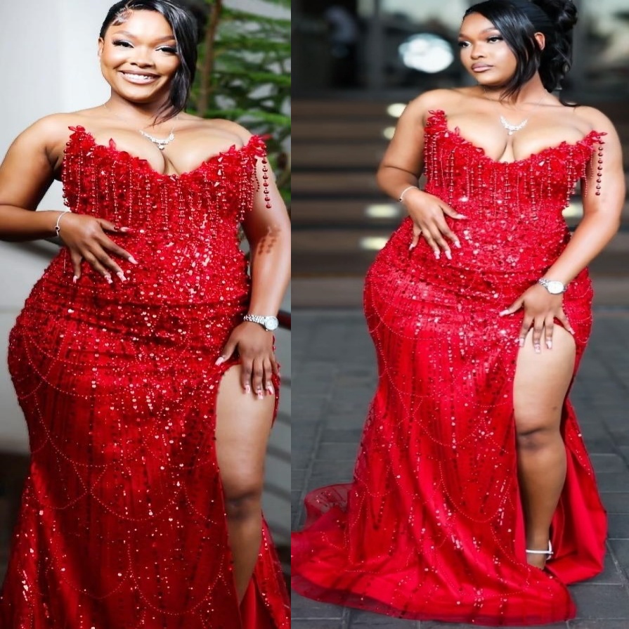 Red Mermaid Prom Dresses 2026 High Split Crystals Sequined Evening Formal Party Second Birthday Engagement Gowns Plus Size Dress For Special Occasions
