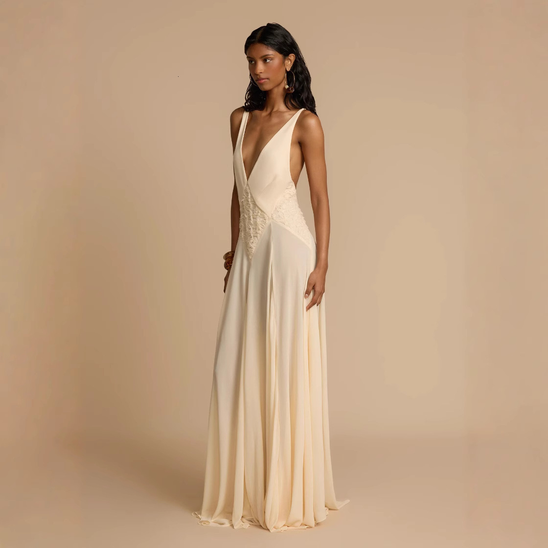 2025 Summer Womens Fashion Simple Hollow Splicing Lace Strap Color Dress