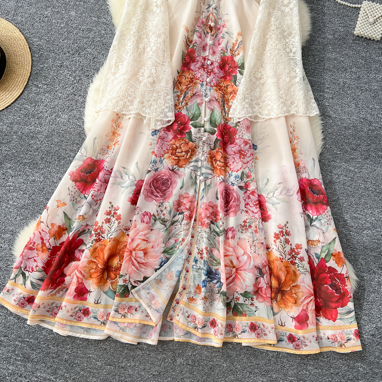 Basic Casual Dresses Summer Holiday Lace Patchwork Chiffon Pleated Dress Women's V-Neck Flare Sleeve Flower Print High Elastic Waist Runway Vesti