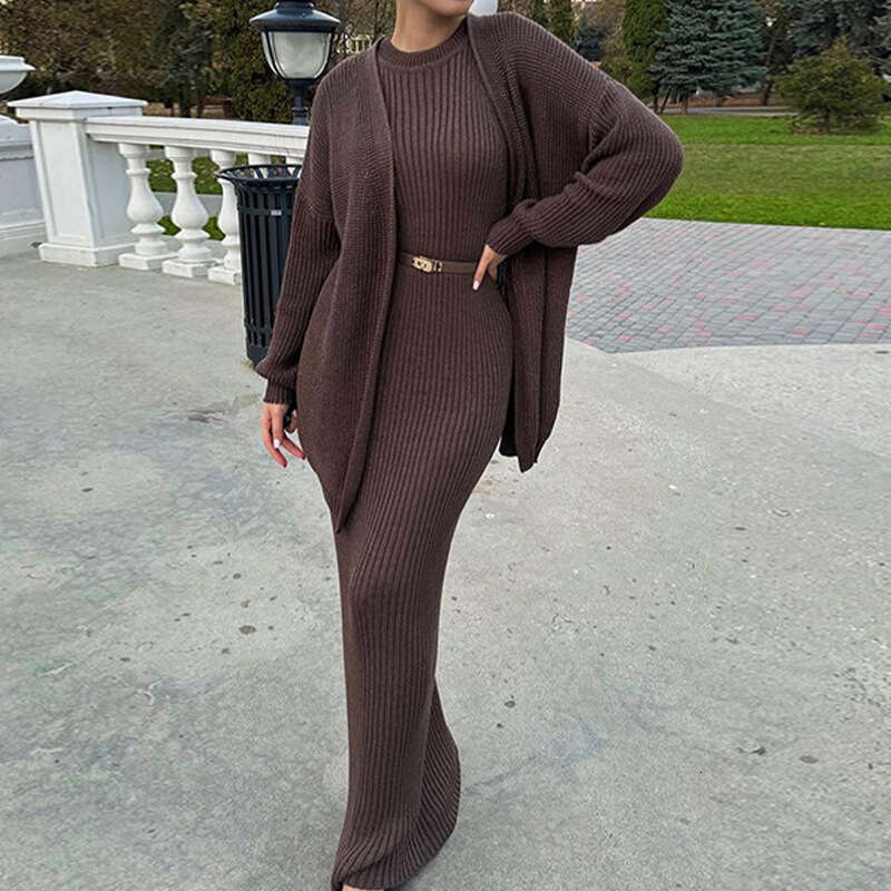 2024 Autumn New European and American Amazon Cross-Border Fashion Hot-Selling Lazy Style Knitted Sweater Long Dress Set for Women