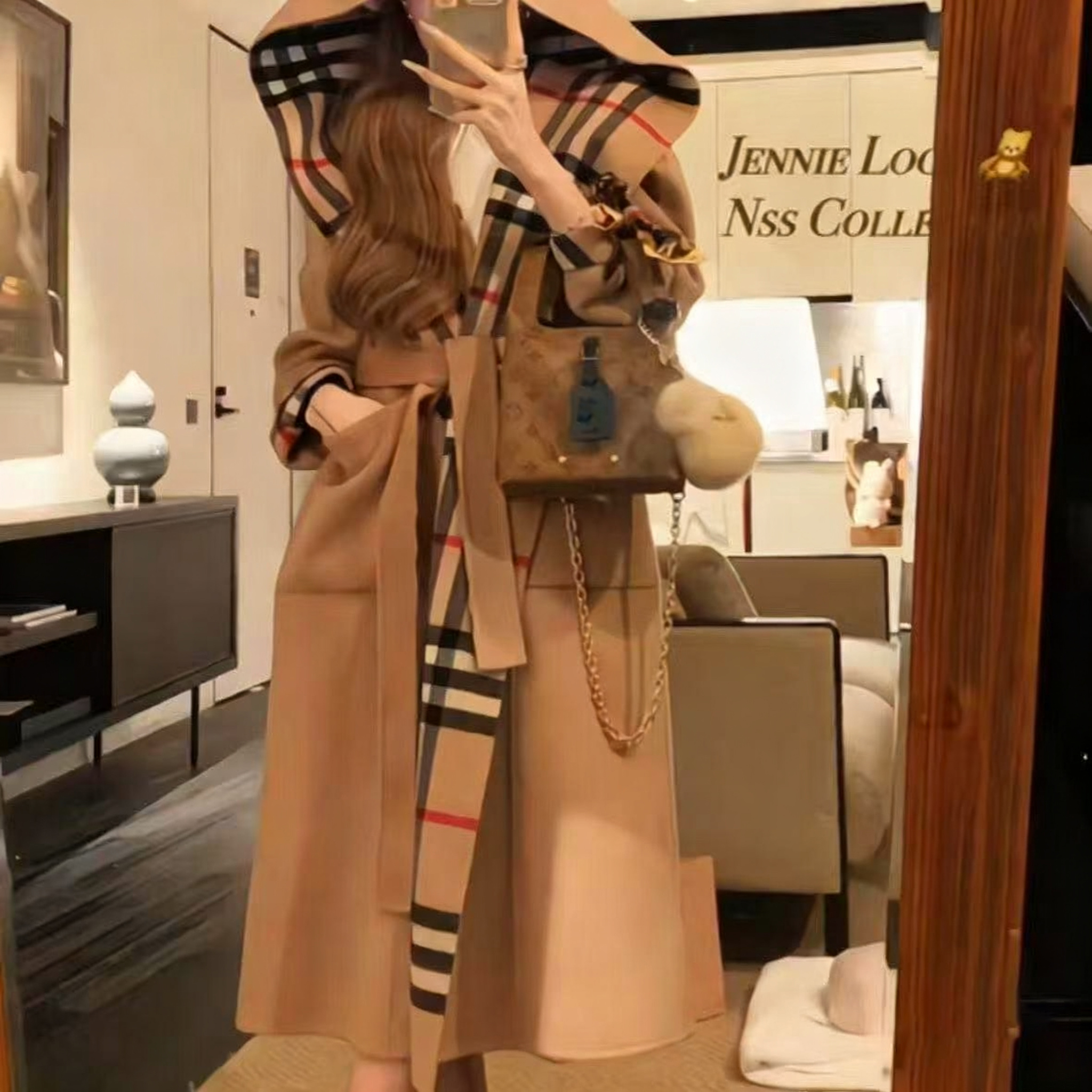 2026 hooded coat autumn and winter new blend wool women's long plaid loose double seam trench coat