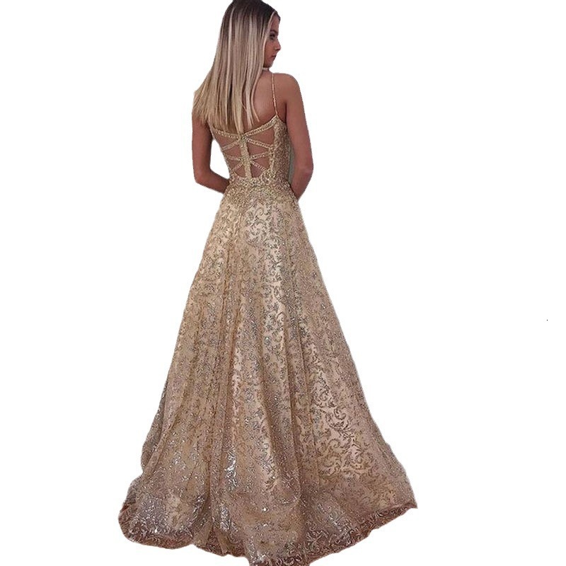 2025 Spring/summer Womens Long Skirt Sleeveless Deep v Gold Sprinkle Sexy Strap Dress