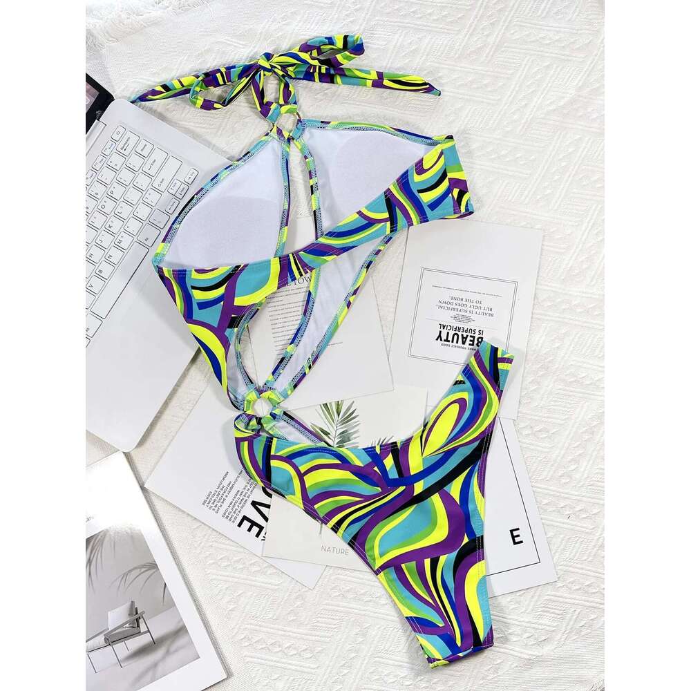 One Piece Bikini Women 2023 Colored Printed Swimsuit Irregular Hollow Out Halter Swimwear Summer Beach Bathing Suit XMC186W