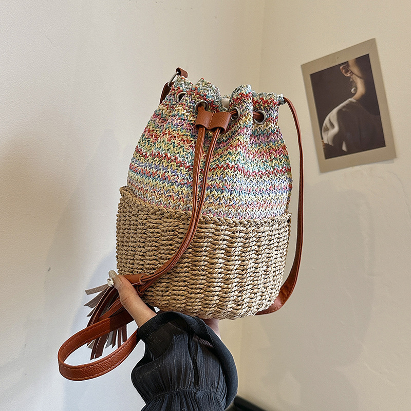 2025S Designer Women S Bag Instagram Bucket Women S Drawstring Single Shoulder Striped Woven Bag Vacation Beach Crossbody Handbag Large Bag