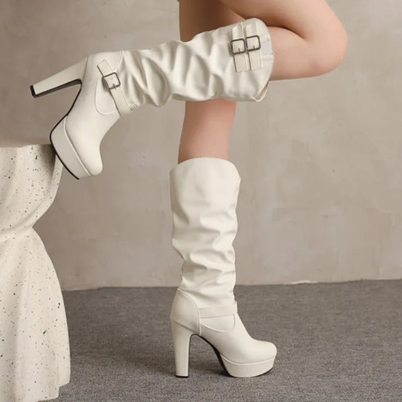Womens Fashion Belt Buckle Pleated Wide Boots Red White High Heel MidCalf Boot Platform Round Toe 12cm Square Women Shoes 251105