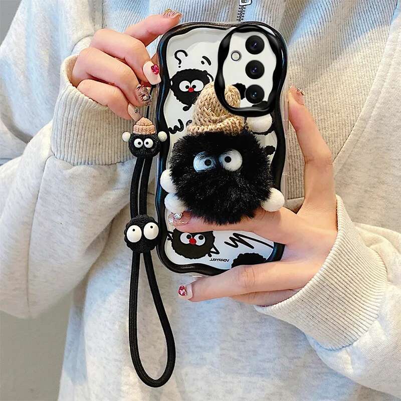 3D Cartoon Kitty Bear Fur Phone Case For Samsung Galaxy A52S A32 A12 A13 A23 A33 A53 A14 A15 A24 A34 A54 Wavy Toy Strap Cover