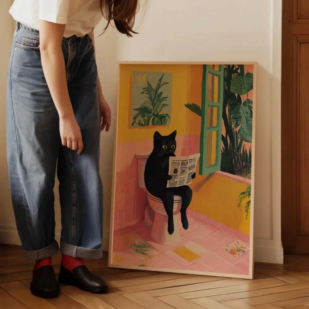 Funny Toilet Cat Canvas Prints Poster Japanese Dopamine Aesthetic for Cat Lovers Bathro Wash Ro He Decor Art Poster Gifts H251106