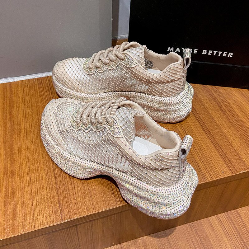 Luxury Women's Sports Shoes Spring Mesh Diamond Crystal Designer Shoes Lace up Casual Outdoor Running Shoes Platform Sneakers