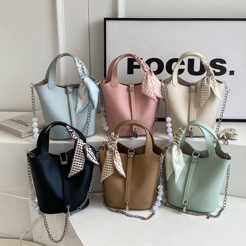 2025S Designer Women S Bag Litchi Patterned Silk Scarf Handbag New Fashionable Bead Crossbody Commuting Versatile Single Shoulder Bucket Bag
