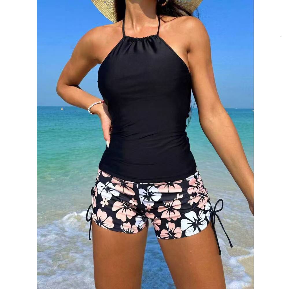 2025 New Split Neck Strap Drawstring Printed Flat Angle Pants Set Swimsuit