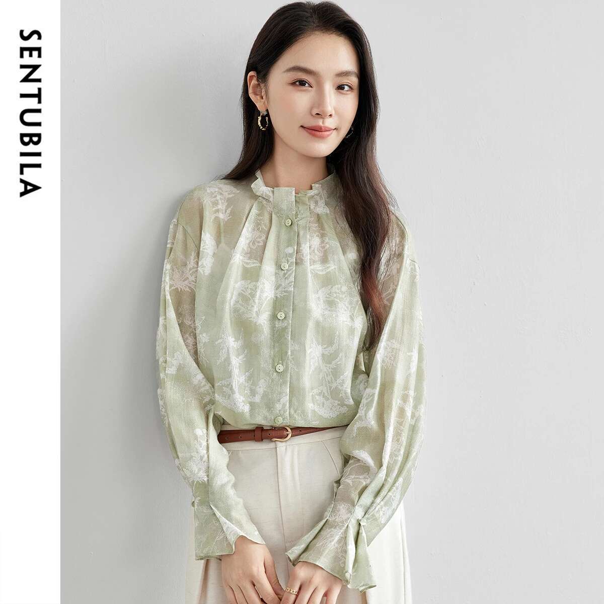 SENTUBILA Lyocell Printing Shirts Womens Spring 2025 Straight Chiffon Stand Neck Flare Sleeve Ruffles Cozy Blouses 151C58061