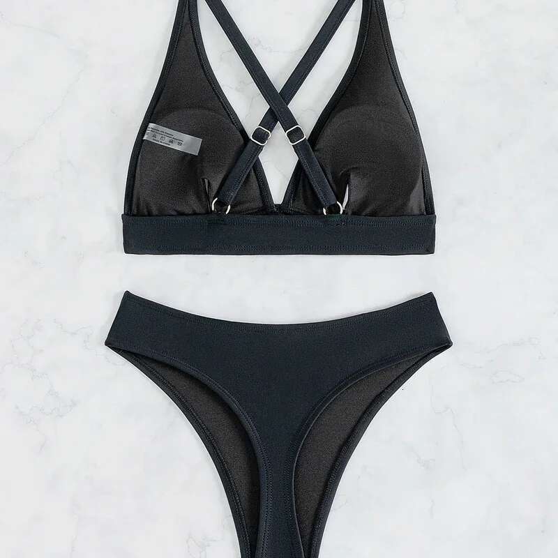 Solid Color Black Swimsuit for Women,2024 Summer,high Waist 2-piece Bikini,triangle Cup Hollow Out Suspender Backless Swimwear