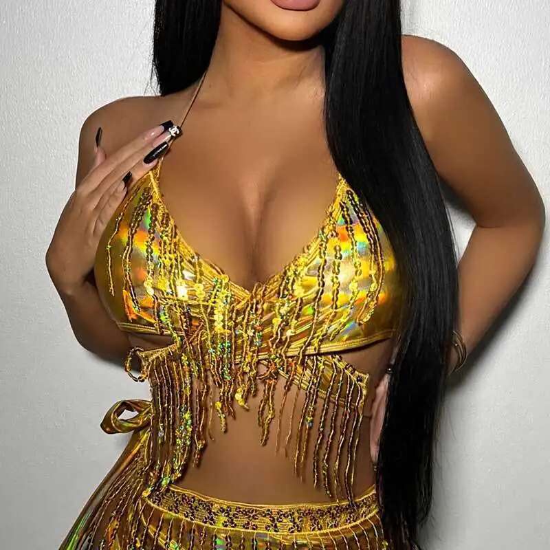 Sequin Fringe String Bikini Top 2023 Women Sexy Shiny Swimwear Y2K Cross V-neck Suspender Lace-up Backless Swimsuit Monokini