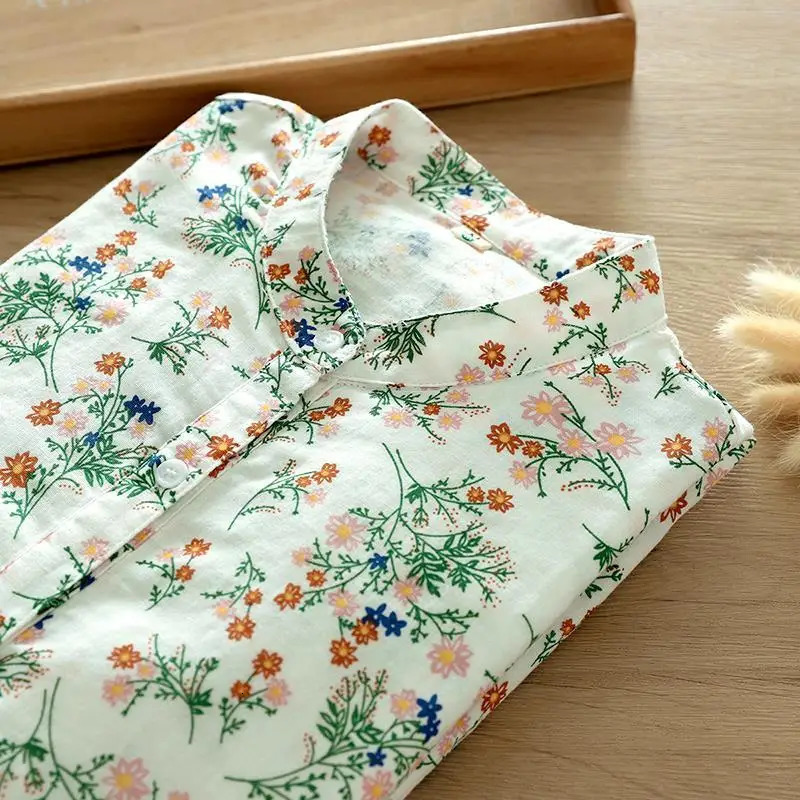 Double-layer Cotton Tulle Long-sleeved Shirt for Women Fresh Printed Small Stand Collar Soft Breathable Top 250402