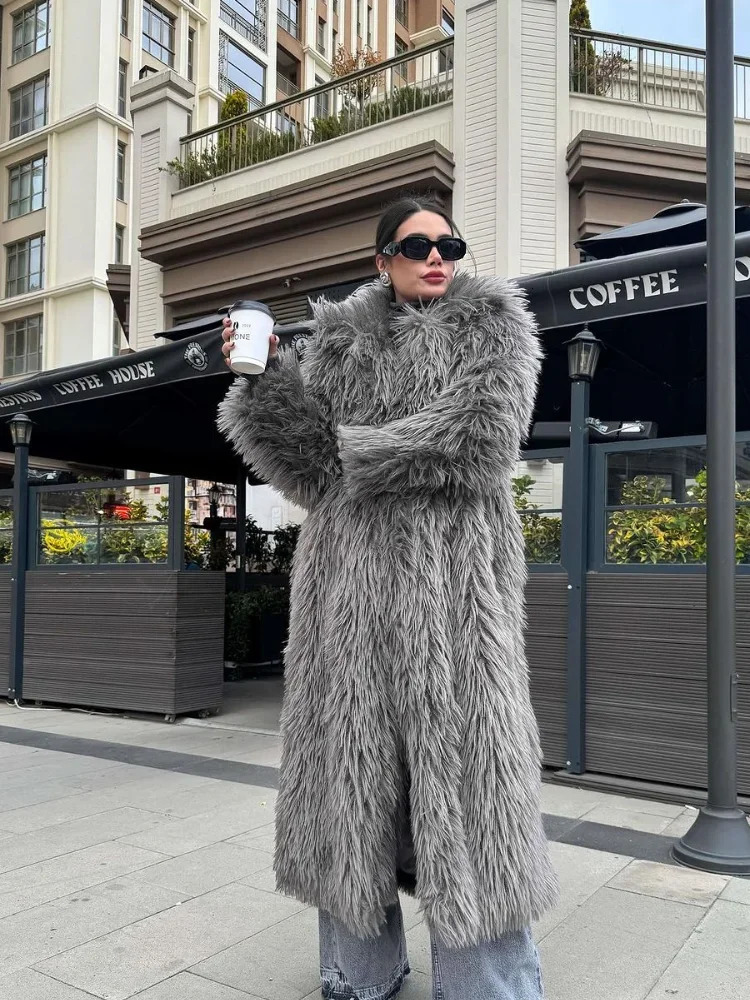 Chic Grey Fluffy Faux Fur Overcoat Women Lapel Full Sleeve Warm Loose Long Coats Lady Winter Daily Street Outwear 251028