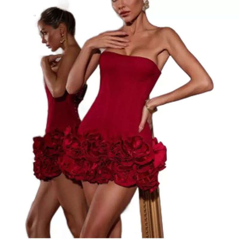European and American Style Summer Women's Red High-End Sexy Strapless Slim Fit Floral Hem Gown Bodycon Dress