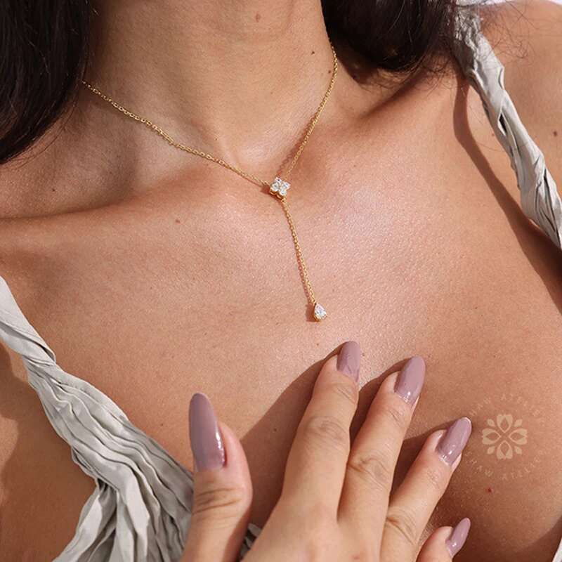 New S Sterg Sier Clover Zircon Water Droplet Shape Pendant O-Chain Choker Necklace Spring Girl Wedding Gift Fine Jewelry