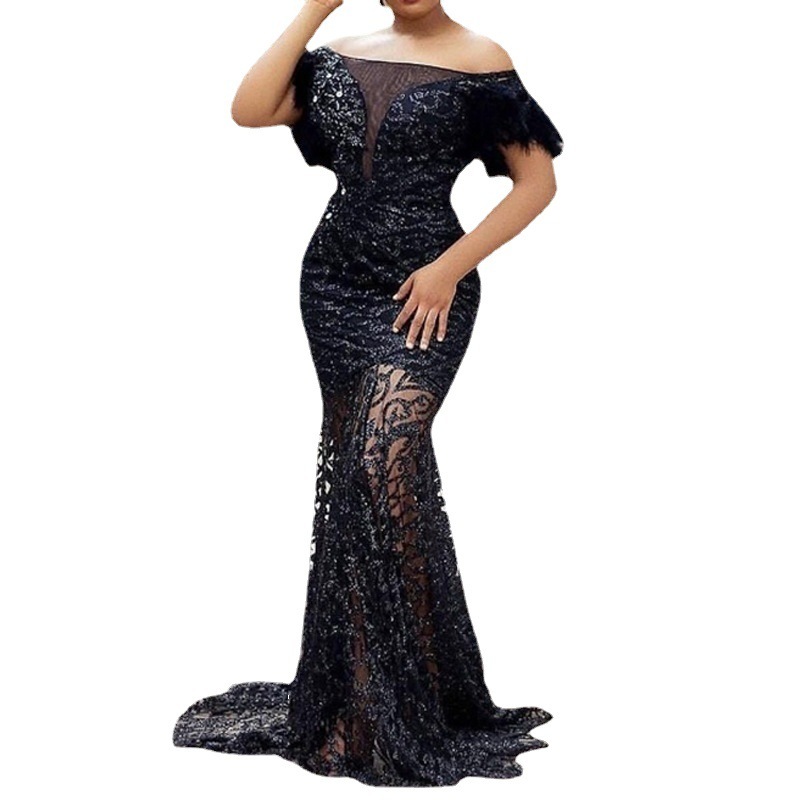 2025 New Womens Dress with One Shoulder and Sequins Slim Fit and Hip Hugging Mermaid Evening Dress