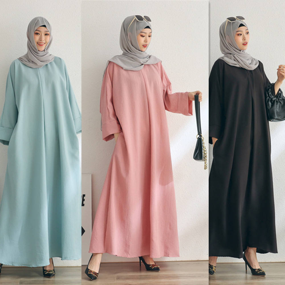 Tiktok Muslim Fashion Robe Solid Color Women's Dress Abaya Maxi Dresses Islamic Clothing