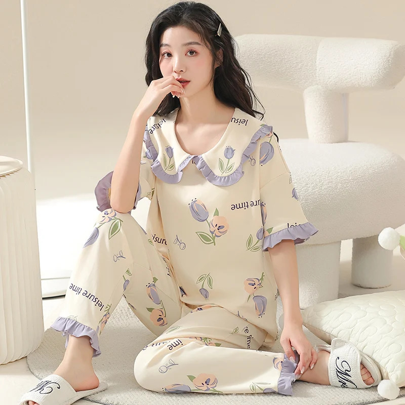 Purple Flower Pajamas Sets Sweet Pijama Cute Sleepwear Short Sleeves Long Pants Kawaii Pjs Casual Summer Spring Autumn Soft Cozy 250402