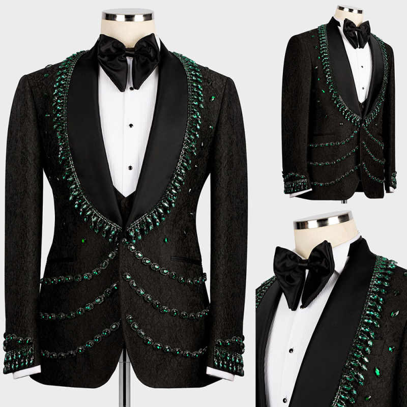 New Fashion One Piece Black Spring Summer Men Suits Set Blazer With Beaded Sequins Shawl Lapel Customized Groom Wedding Tuxedo Formal Prom Jacket