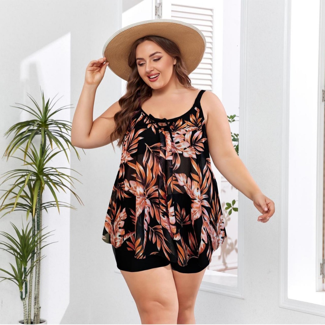 Fat and oversized skirt style split body bikini multi-color printed conservative boxer shorts set women's swimsuit