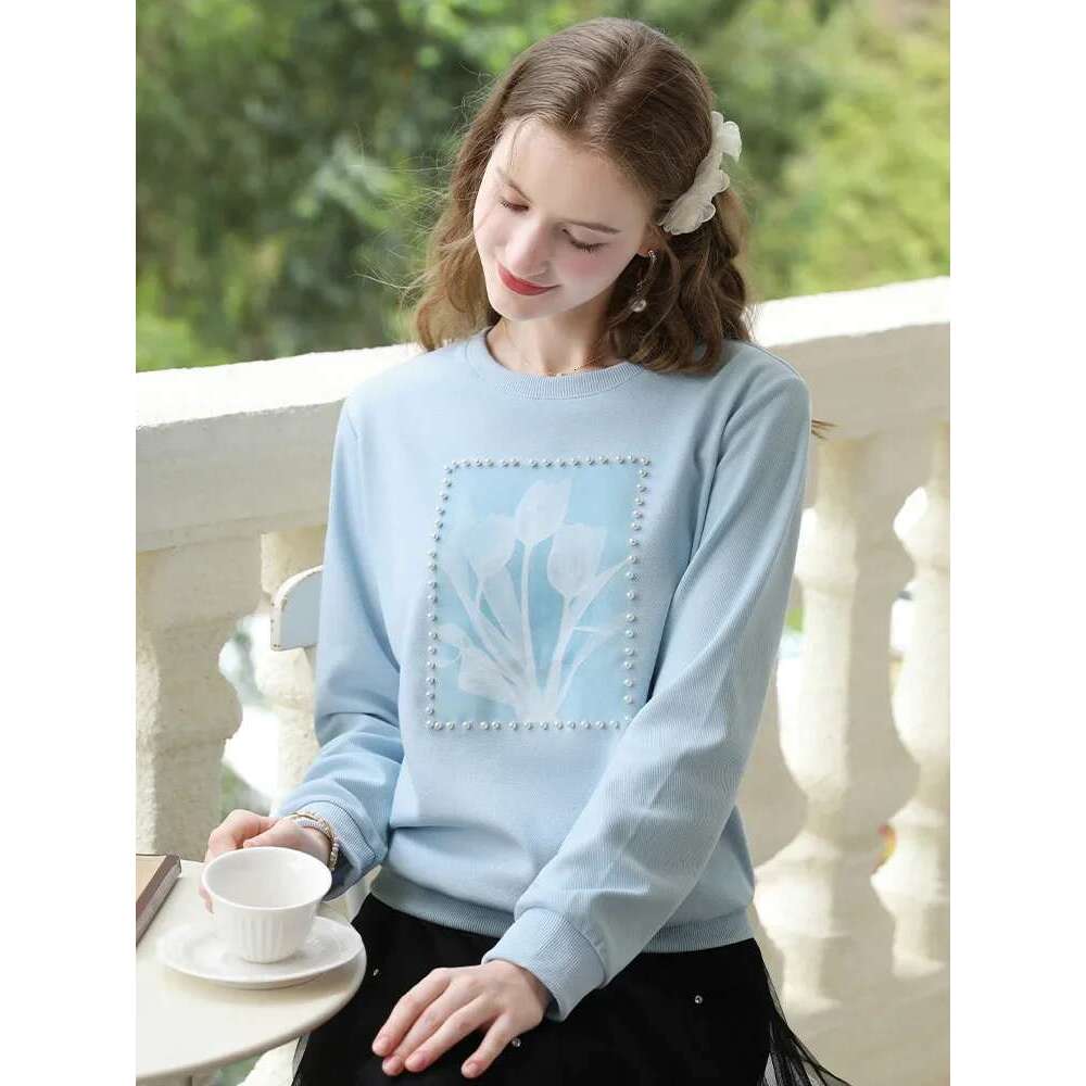 Blue Loose Hoodies Women Nail Bead Print Round Neck 2025 Autumn New Fresh Tops Soft Knitwears Jumper