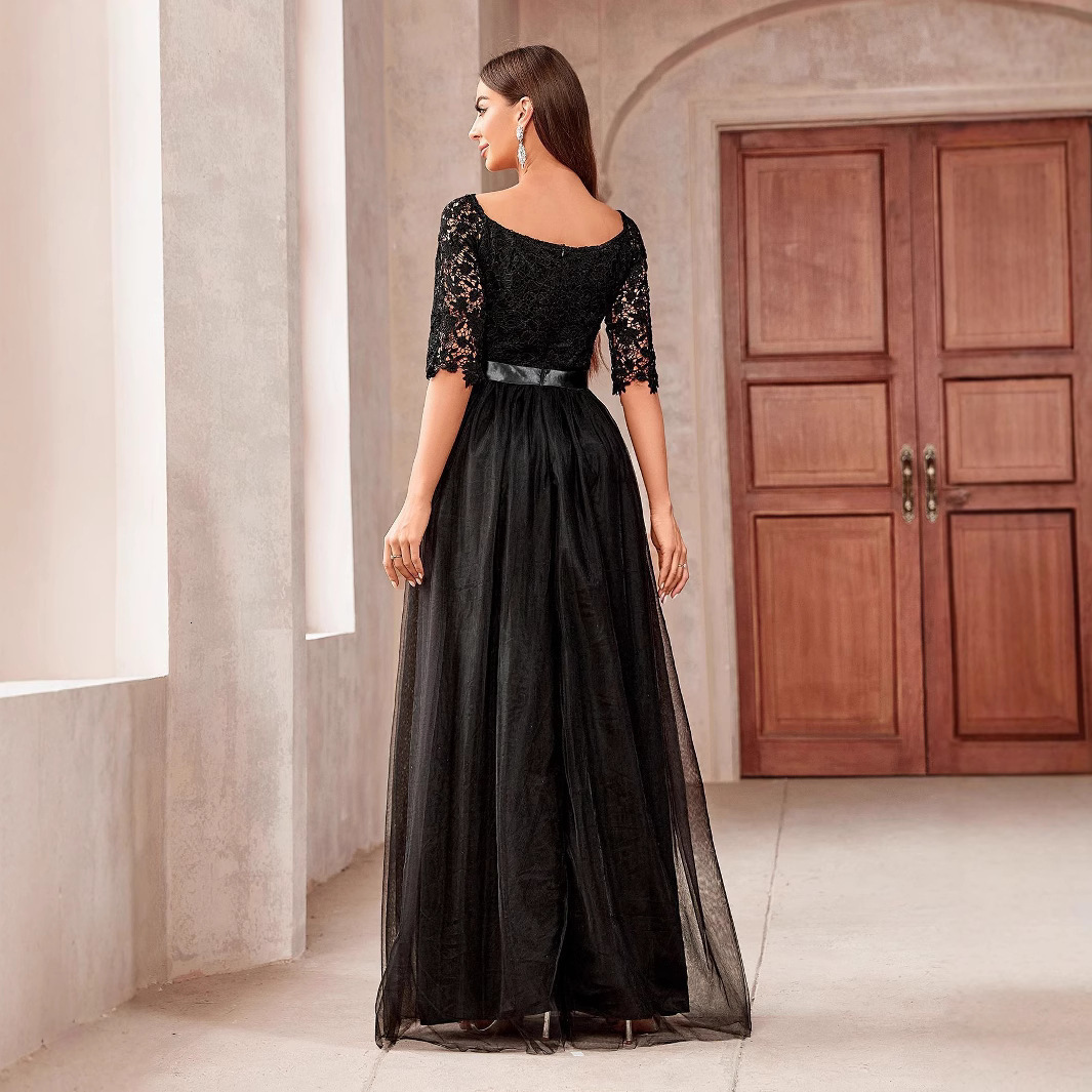 New Solid Color Off-Shoulder Slim Elegant Long Mesh V-Neck Evening Dress 250829