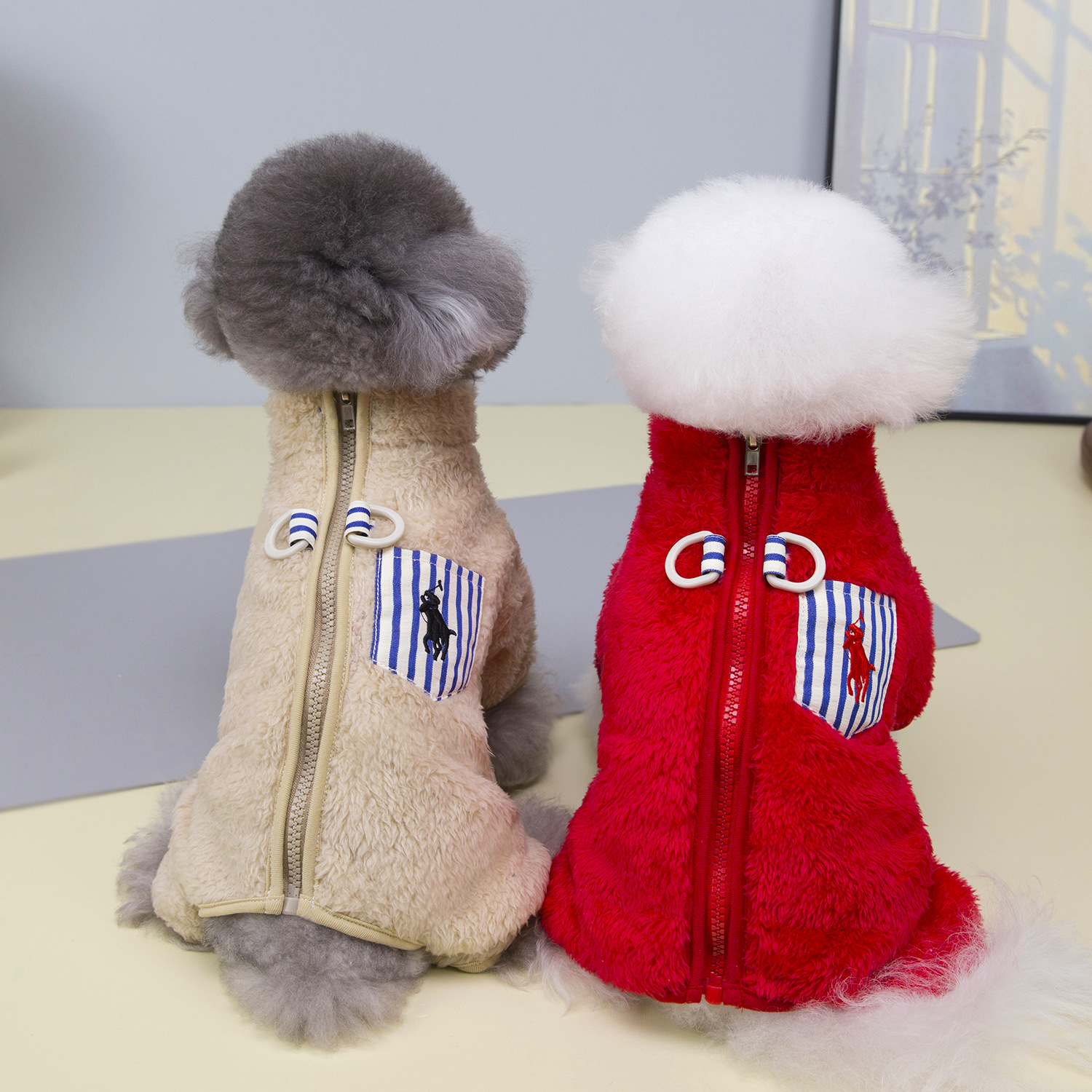 Soft Fleece Pet Dog Jumpsuit, Warm Winter Dog Clothes with Cute Embroidery & Striped Pocket, for Small Medium Dogs, Fashionable Outfit with Zipper Des