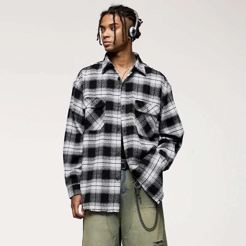 Classic Plaid Jacket Men Basic Front Pocket Stand Collar Woolen Long Sleeve Shirt