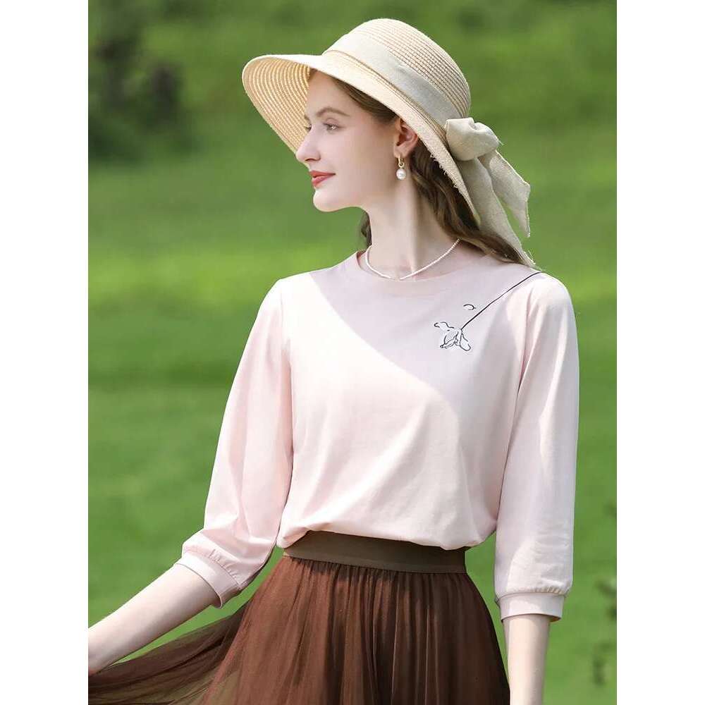 T-Shirts For Women Autumn New Graphic Gentle Embroidery Three Quarter Sleeve Chic Base Clothing