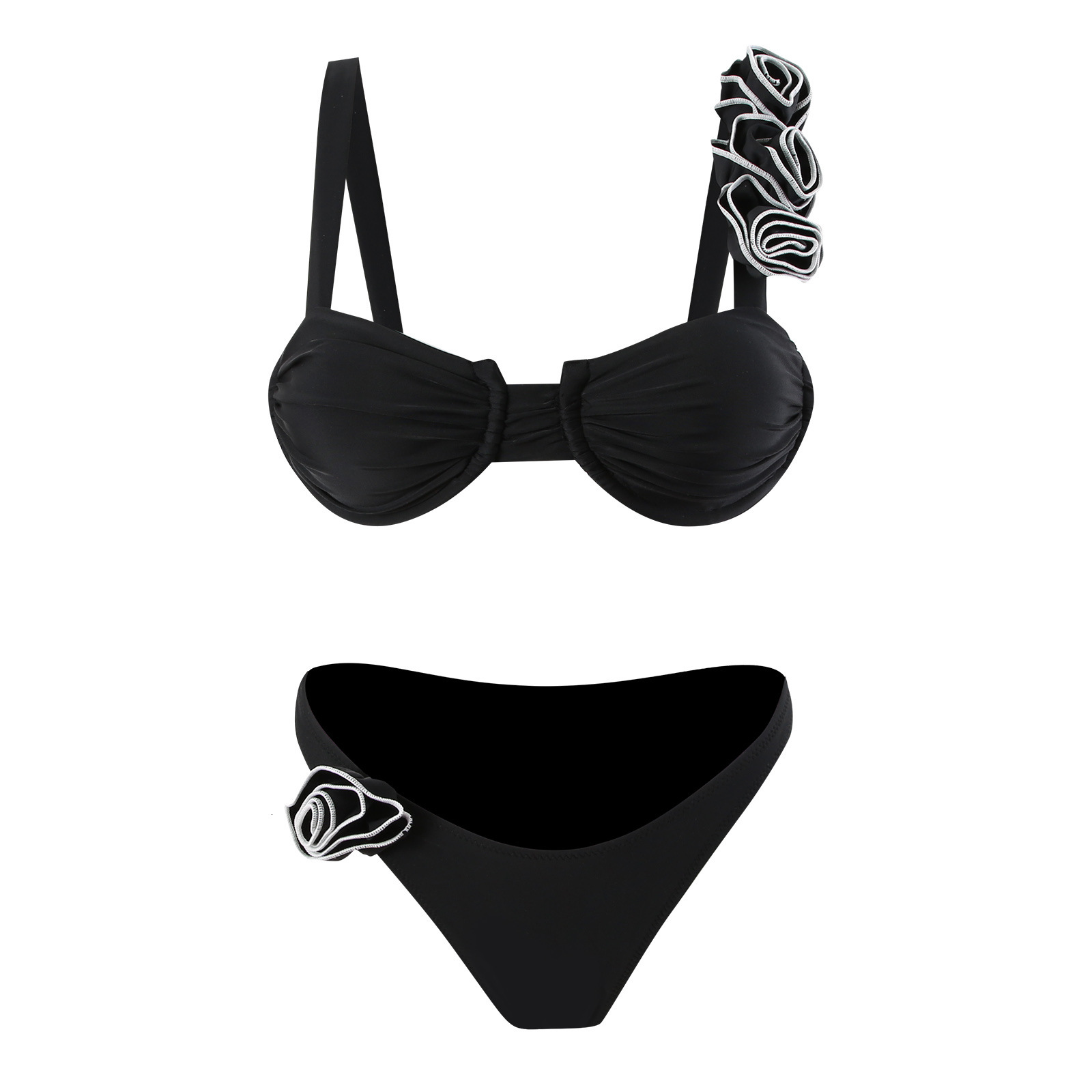 2025 3D flower bikini women's split solid color sexy suspender strap swimsuit