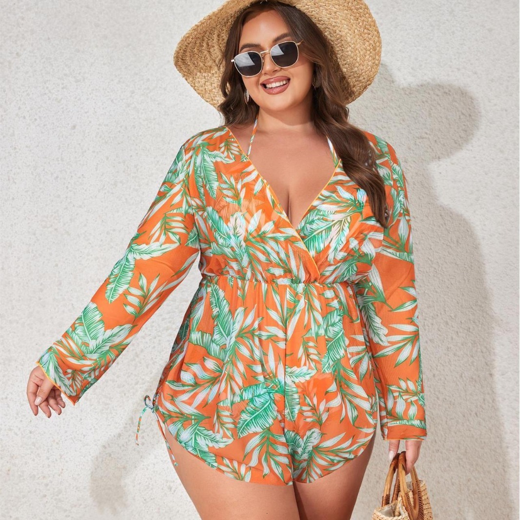 Large size multi-color printed long sleeved jumpsuit with mesh cover, sexy bikini fat woman three piece set women's swimsuit