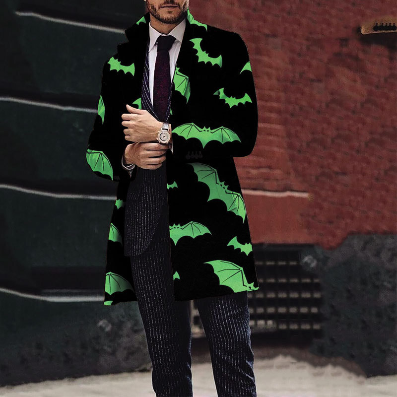 2024 new mens Christmas and Halloween printed woolen medium long coat mens woolen coat
